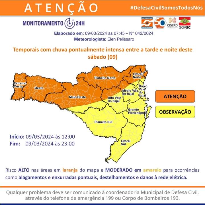 De olho no tempo: temporais com chuva pontualmente intensa neste sábado, 09