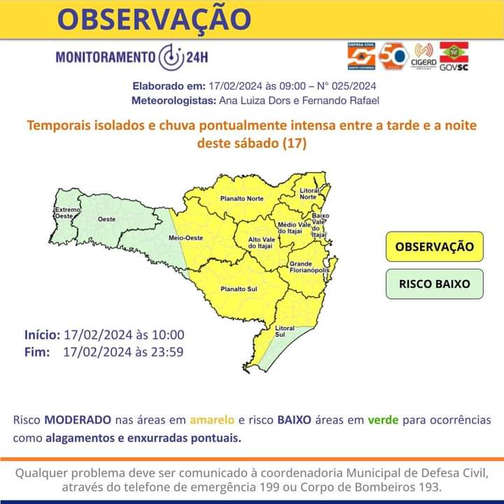 Previsão de temporais isolados e chuva pontualmente intensa, neste sábado, 17, em SC