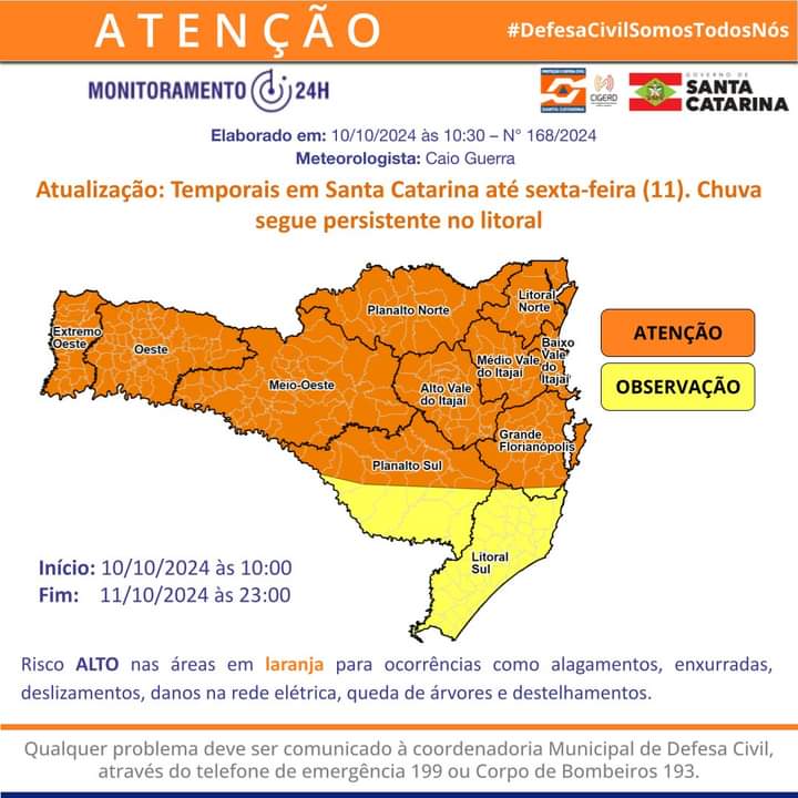 ATUALIZAÇÃO: temporais em Santa Catarina até amanhã, sexta-feira (11)