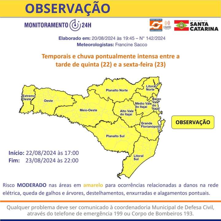 ALERTA: previsão de temporais e chuva pontualmente intensa para Santa Catarina