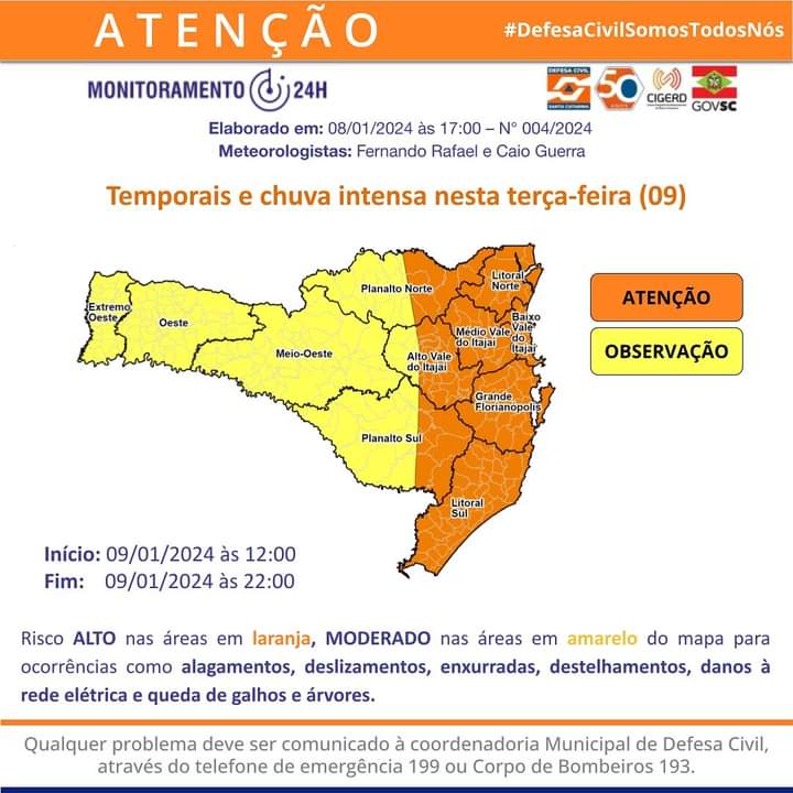 Previsão de temporais e chuva intensa na terça-feira, 09, em SC