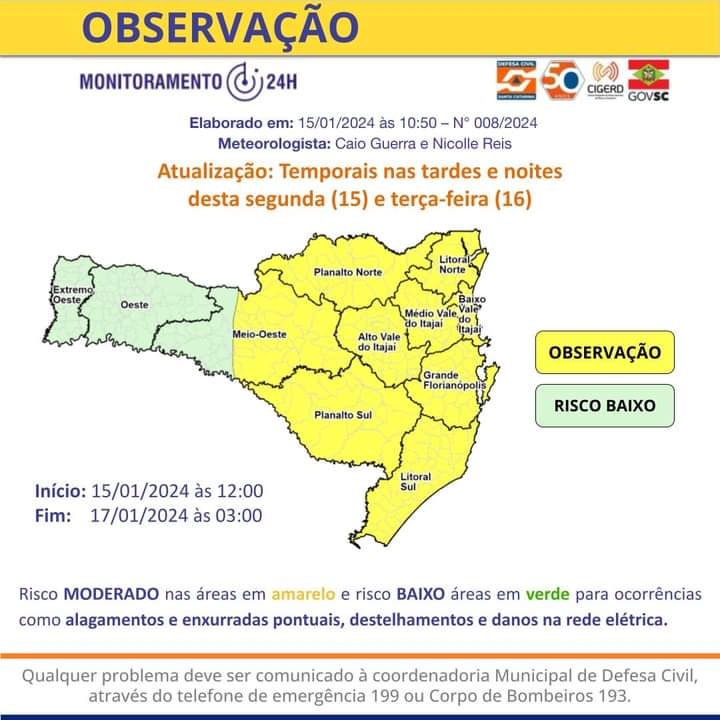 Previsão de temporais para o início de semana, em SC