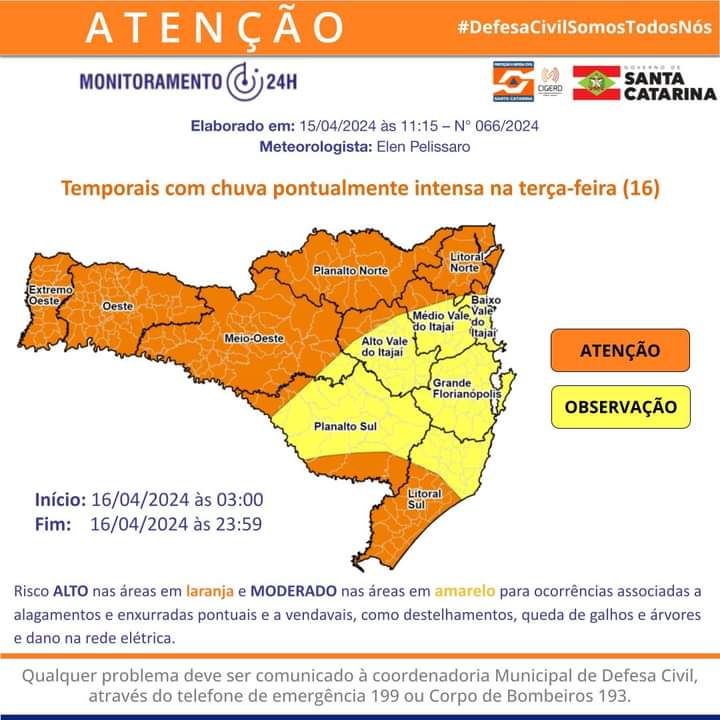 ‼️🌧ATENÇÃO: temporais com chuva pontualmente intensa, em Santa Catarina