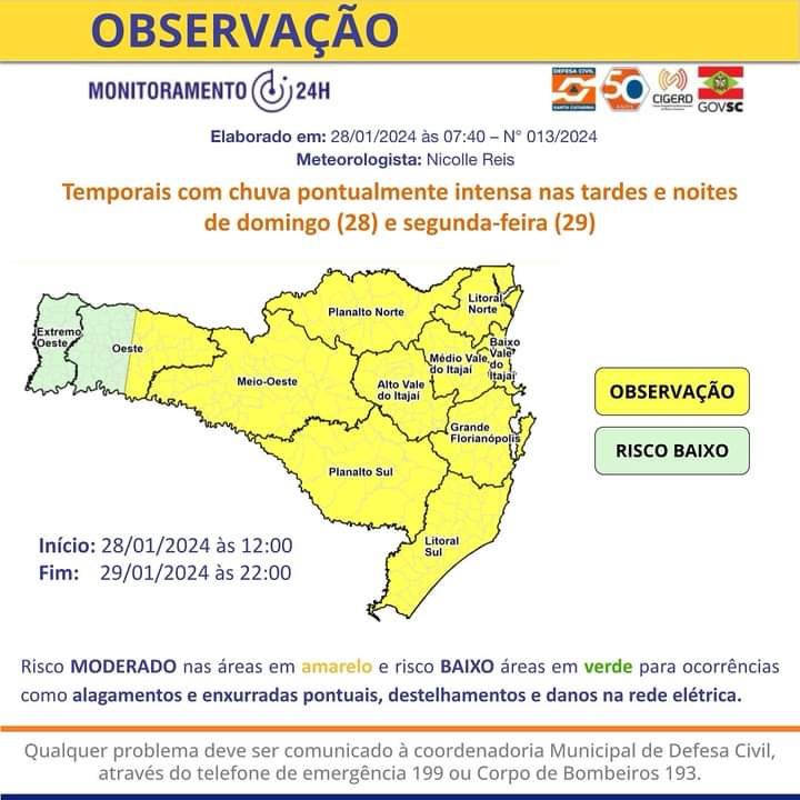 Previsão de temporais com chuva pontualmente intensa, em SC