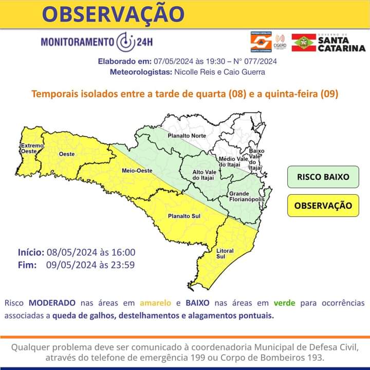 Temporais isolados entre a tarde de quarta (08) e a quinta-feira (09), para parte de Santa Catarina