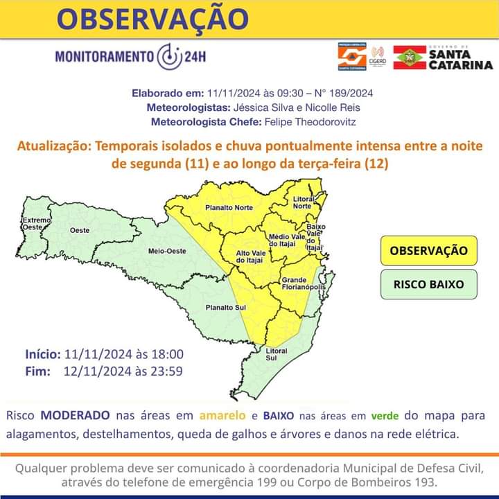 ATENÇÃO: previsão de temporais e chuva pontualmente intensa neste início de semana, em SC