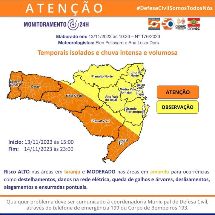 ATUALIZAÇÃO: temporais isolados e chuva intensa e volumosa entre esta segunda (13) e terça-feira (14)