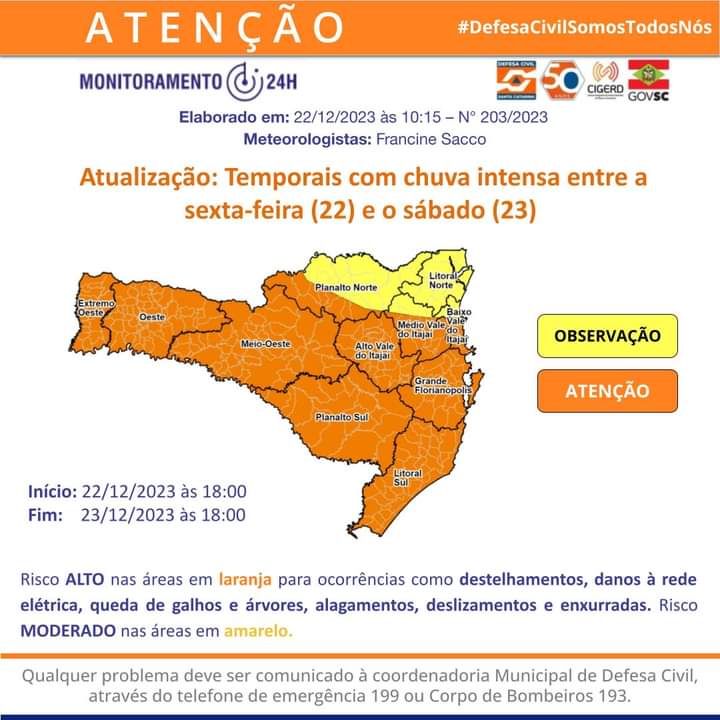 ATUALIZAÇÃO: previsão de temporais com chuva intensa entre sexta-feira, 22, e sábado, 23, em SC