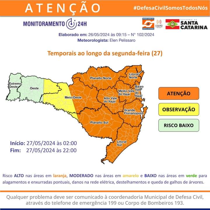 ATENÇÃO: previsão de temporais para segunda-feira (27), em SC