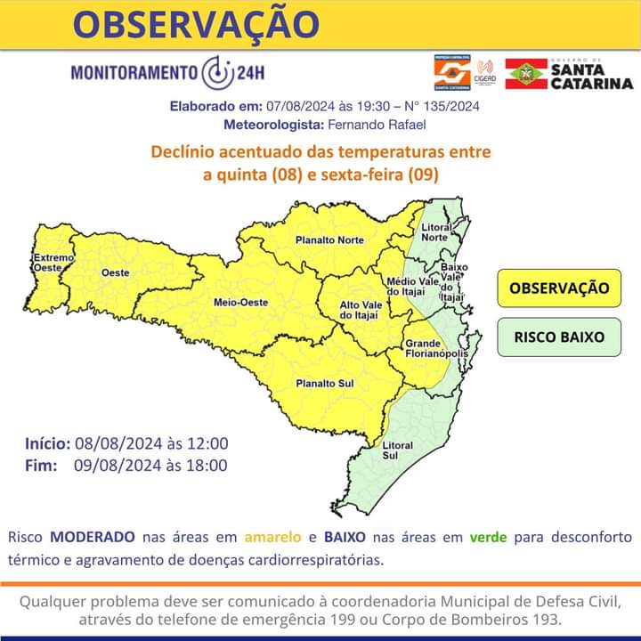 TEMPO: declínio acentuado das temperaturas neste fim de semana, em SC