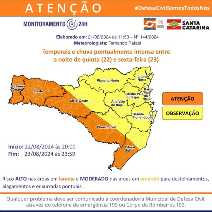 ATUALIZAÇÃO: mapa de previsão para temporais e chuva pontualmente intensa