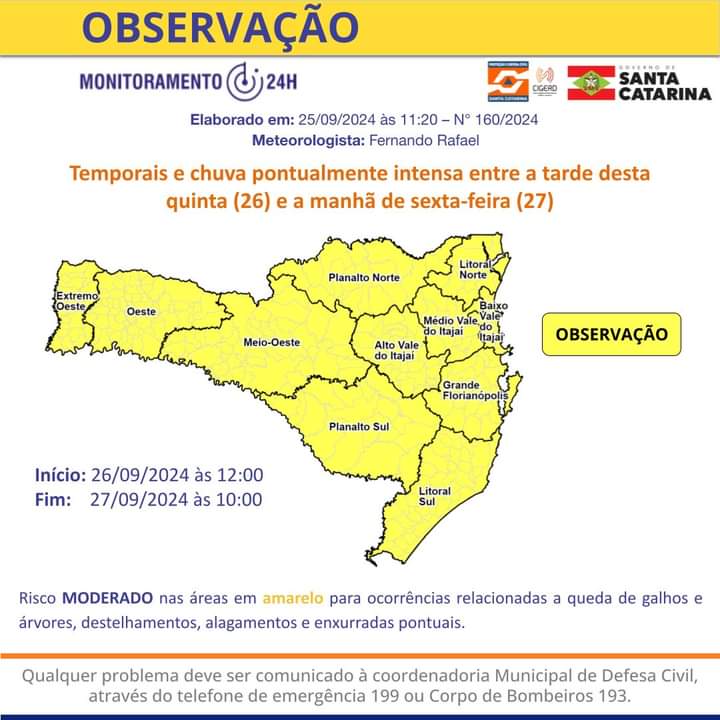 OBSERVAÇÃO: previsão de chuva pontualmente intensa entre quinta-feira (26) e sexta-feira (27), em SC