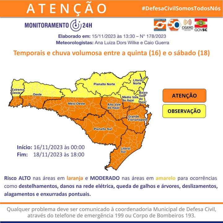 Temporais e chuva volumosa entre quinta, 16, e o sábado, 18, em SC