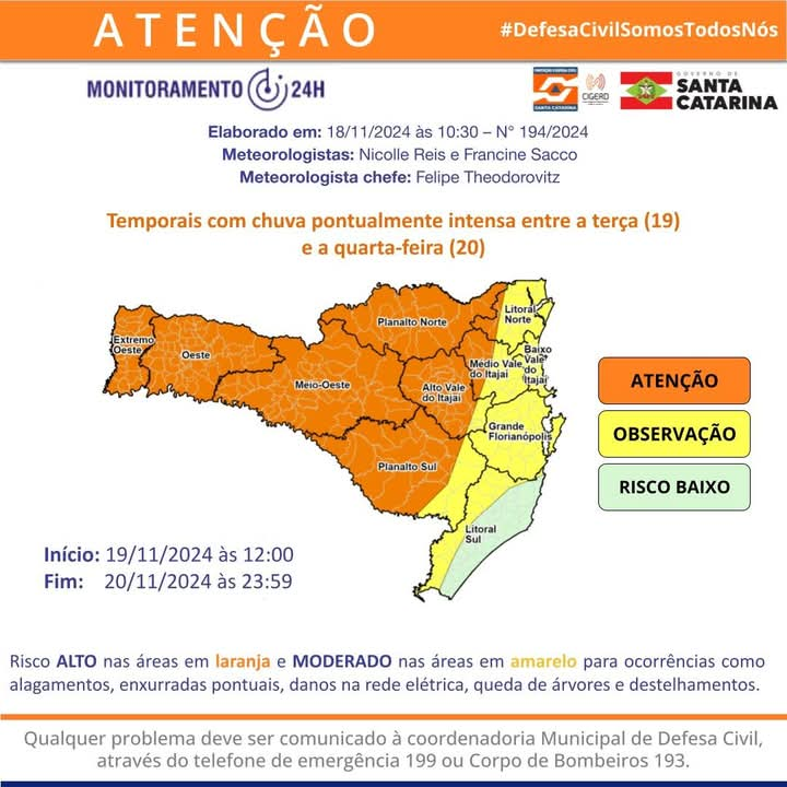 ATENÇÃO: temporais com chuva pontualmente intensa entre terça-feira (19), e quarta-feira (20), em SC