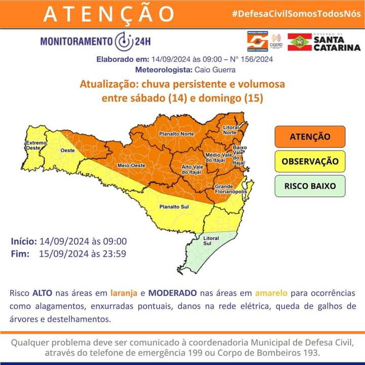 ALERTA: chuva persistente e volumosa entre sábado (14) e domingo (15), em SC