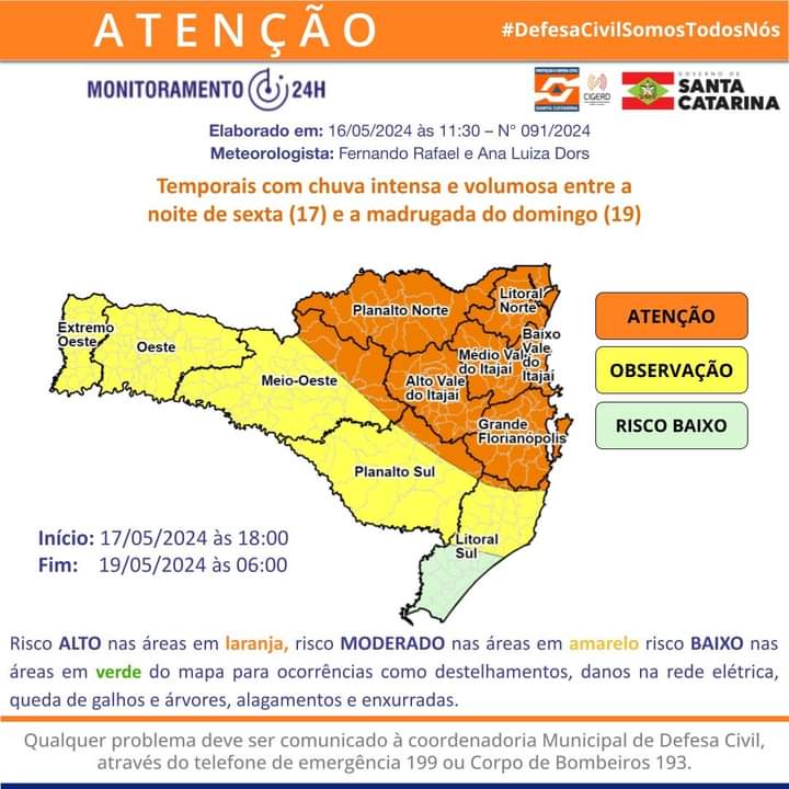 ALERTA: temporais com chuva intensa e volumosa entre sexta-feira (17) e domingo (19), em SC