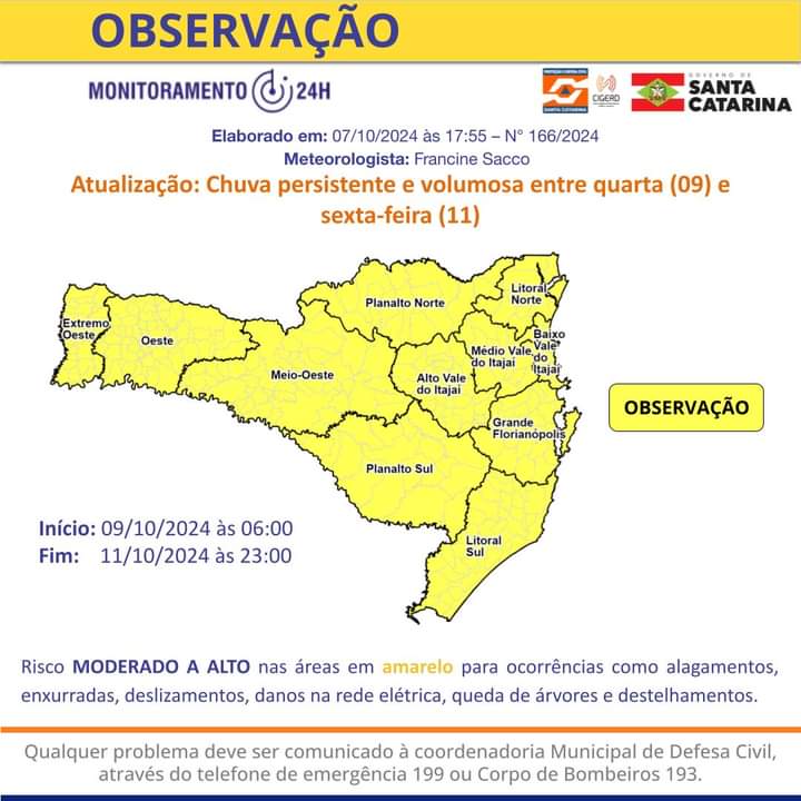 ALERTA: chuva persistente e volumosa entre quarta-feira (09) e sexta-feira (11), em SC