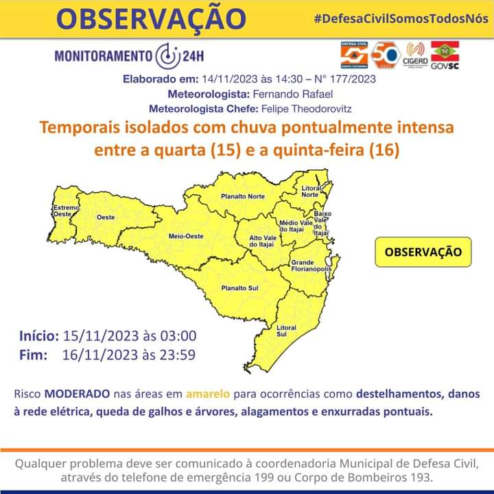 Temporais isolados com chuva pontualmente intensa entre a quarta (15) e a quinta-feira (16)