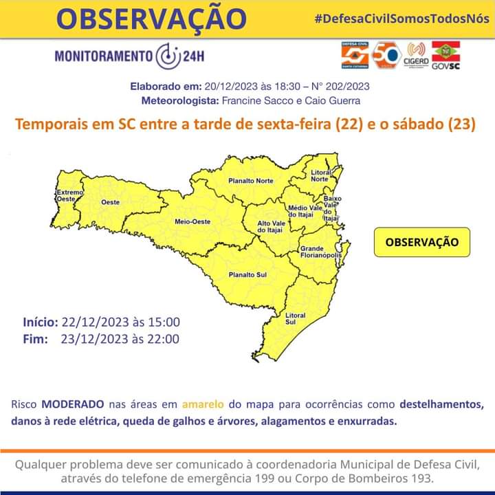 Previsão de temporais em Santa Catarina entre sexta-feira, 22, e sábado, 23