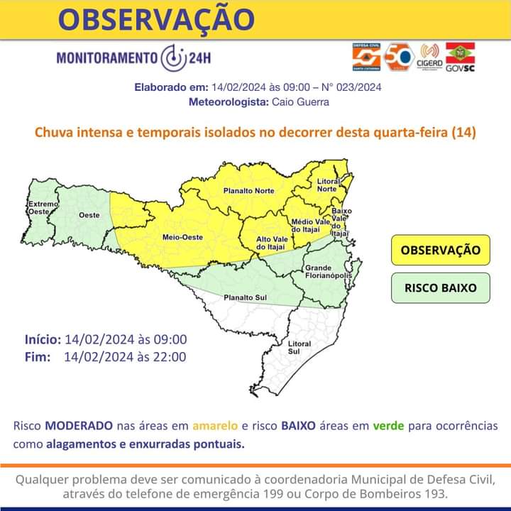 Previsão de chuva intensa e temporais isolados nesta quarta-feira, 14, em SC