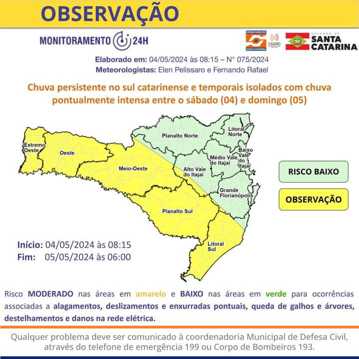 Chuva persistente no sul catarinense e temporais isolados com chuva pontualmente intensa entre o sábado (04) e domingo (05)