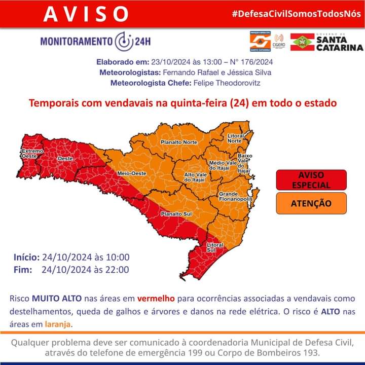 AVISO: temporais com vendavais na quinta-feira (24) em todo o estado