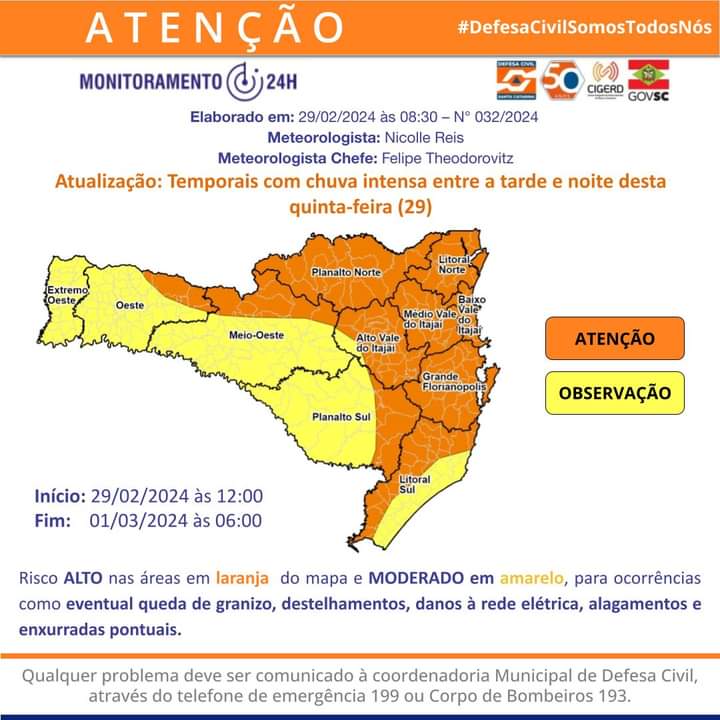 ⚠ALERTA: temporais com chuva intensa nesta quinta-feira, 29, em SC