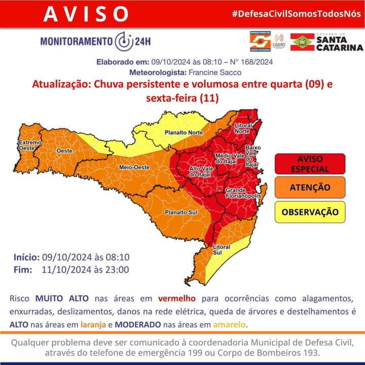 ATENÇÃO: chuva persistente e volumosa até sexta-feira (11), em SC