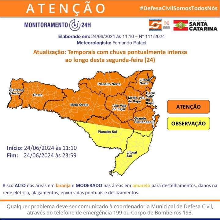ATUALIZAÇÃO: Planalto Norte entra na área de "atenção" para temporais