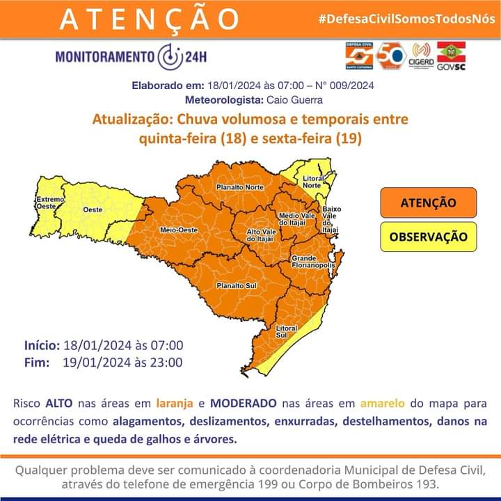 Temporais e chuva volumosa entre quinta (18) e sexta-feira (19), em SC