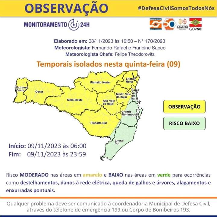 Previsão de temporais isolados nesta quinta-feira, 09, em SC