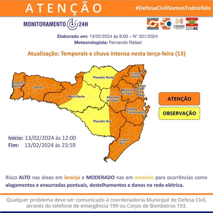 Previsão de temporais e chuva intensa nesta terça-feira, 13, em SC